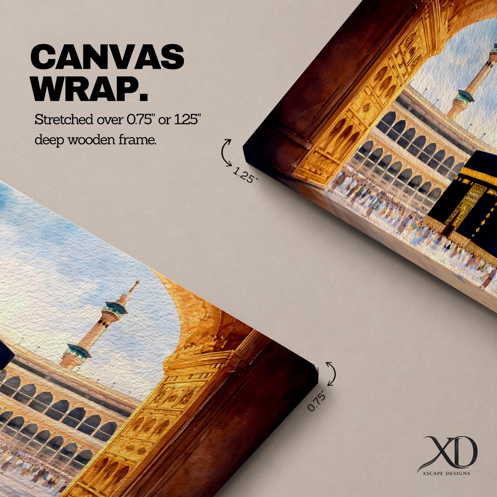 A long panoramic artwork depicting the Kaaba at the center of Masjid Al Haram in Mecca framed by grand mosque arches and tall minarets. The sacred black cube stands in the courtyard while pilgrims gather around it, creating a wide horizontal composition highlighting the holy Islamic sanctuary.