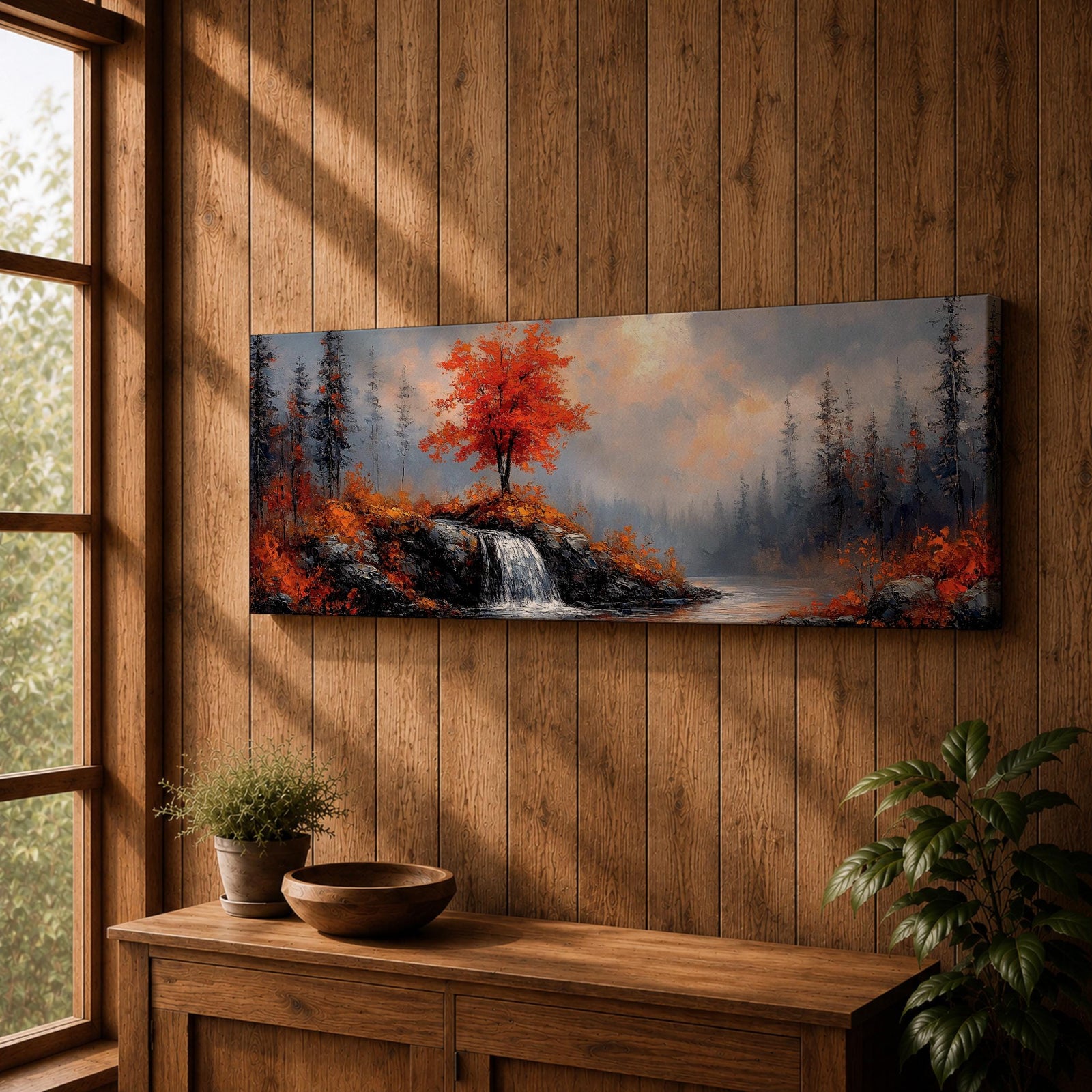 A long panoramic landscape painting showing a small waterfall flowing over rocky cliffs beneath a vivid red autumn tree. Surrounding forest trees fade into misty blue tones while bright fall foliage and rugged stones frame the stream, forming a tranquil woodland scene across a wide horizontal composition.