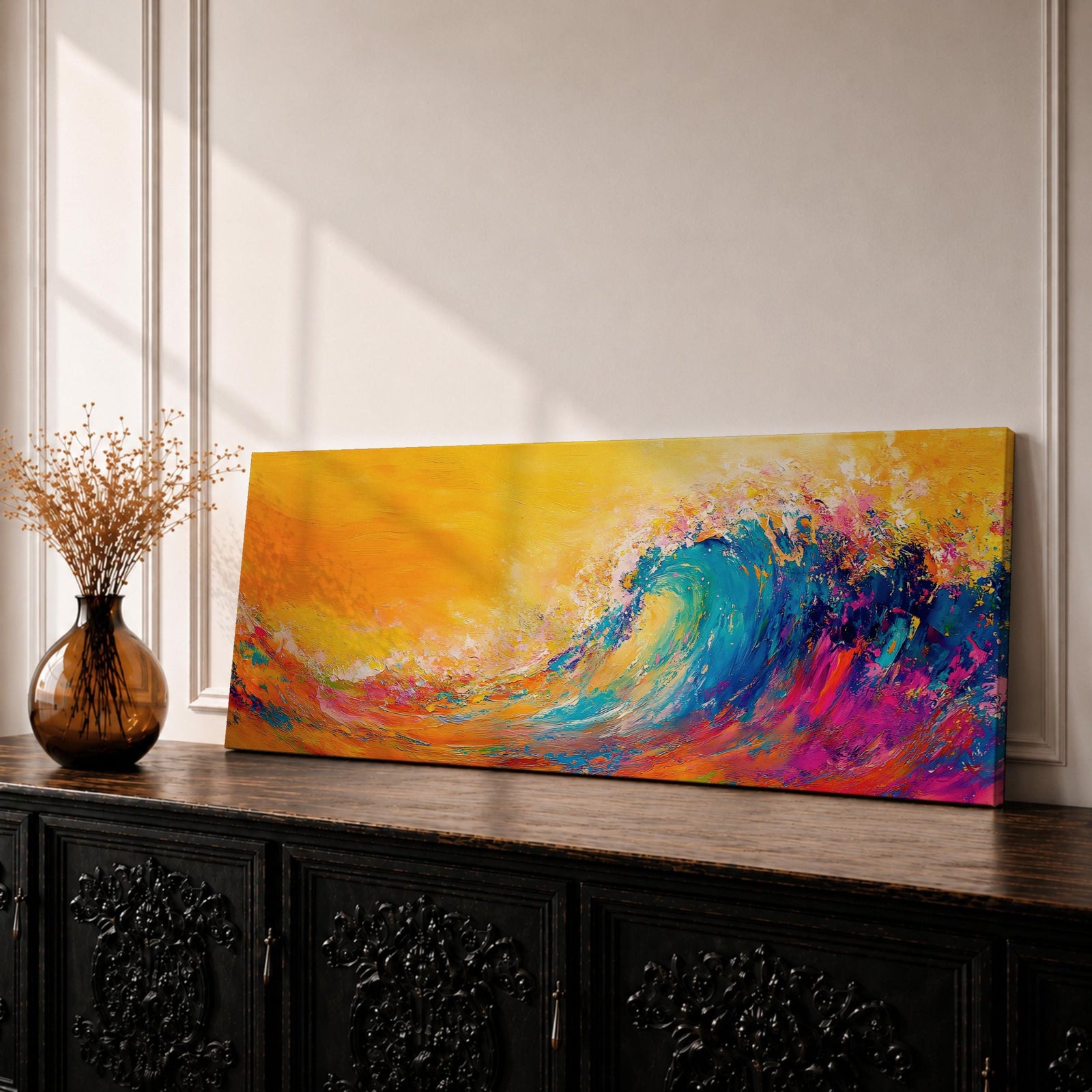 A long panoramic abstract painting of a powerful ocean wave curling upward with vibrant brush textures. Bright turquoise, deep blue, pink, and orange paint blend together beneath a glowing golden sky, forming an energetic seascape with expressive color and motion across a wide horizontal composition.
