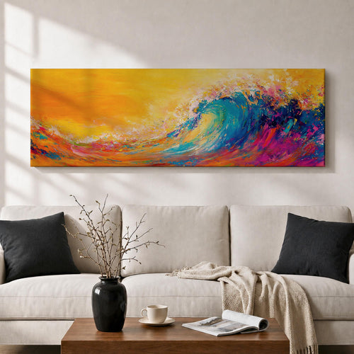 A long panoramic abstract painting of a powerful ocean wave curling upward with vibrant brush textures. Bright turquoise, deep blue, pink, and orange paint blend together beneath a glowing golden sky, forming an energetic seascape with expressive color and motion across a wide horizontal composition.