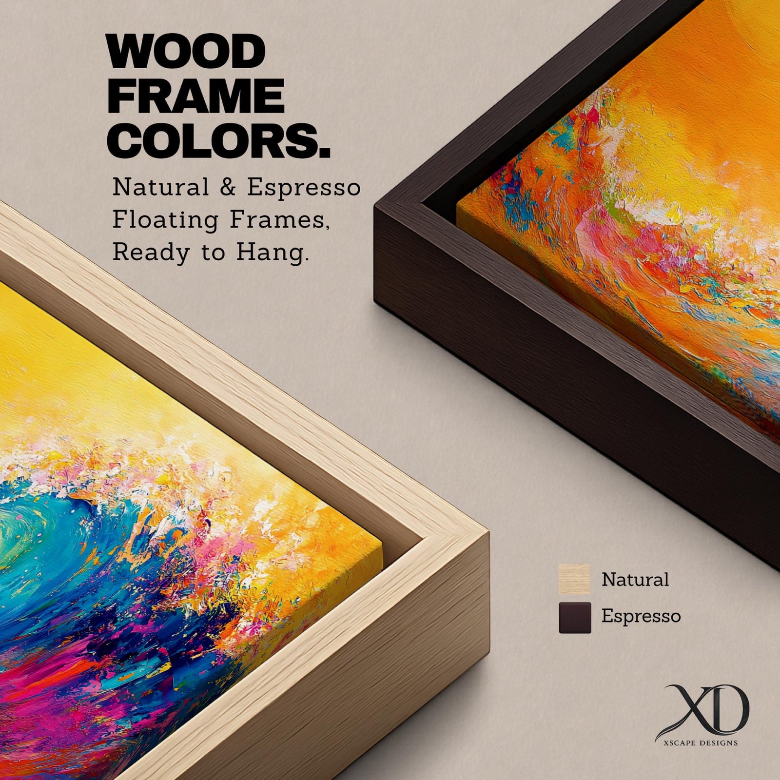 A long panoramic abstract painting of a powerful ocean wave curling upward with vibrant brush textures. Bright turquoise, deep blue, pink, and orange paint blend together beneath a glowing golden sky, forming an energetic seascape with expressive color and motion across a wide horizontal composition.