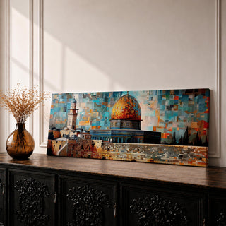 A long panoramic mosaic style artwork depicting the Al Aqsa compound in Jerusalem with the golden Dome of the Rock rising above historic stone walls and surrounding architecture. The scene is built from colorful geometric tiles and textured blocks, creating a vibrant Islamic cityscape across a wide horizontal composition.