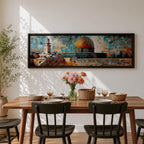 A long panoramic mosaic style artwork depicting the Al Aqsa compound in Jerusalem with the golden Dome of the Rock rising above historic stone walls and surrounding architecture. The scene is built from colorful geometric tiles and textured blocks, creating a vibrant Islamic cityscape across a wide horizontal composition.