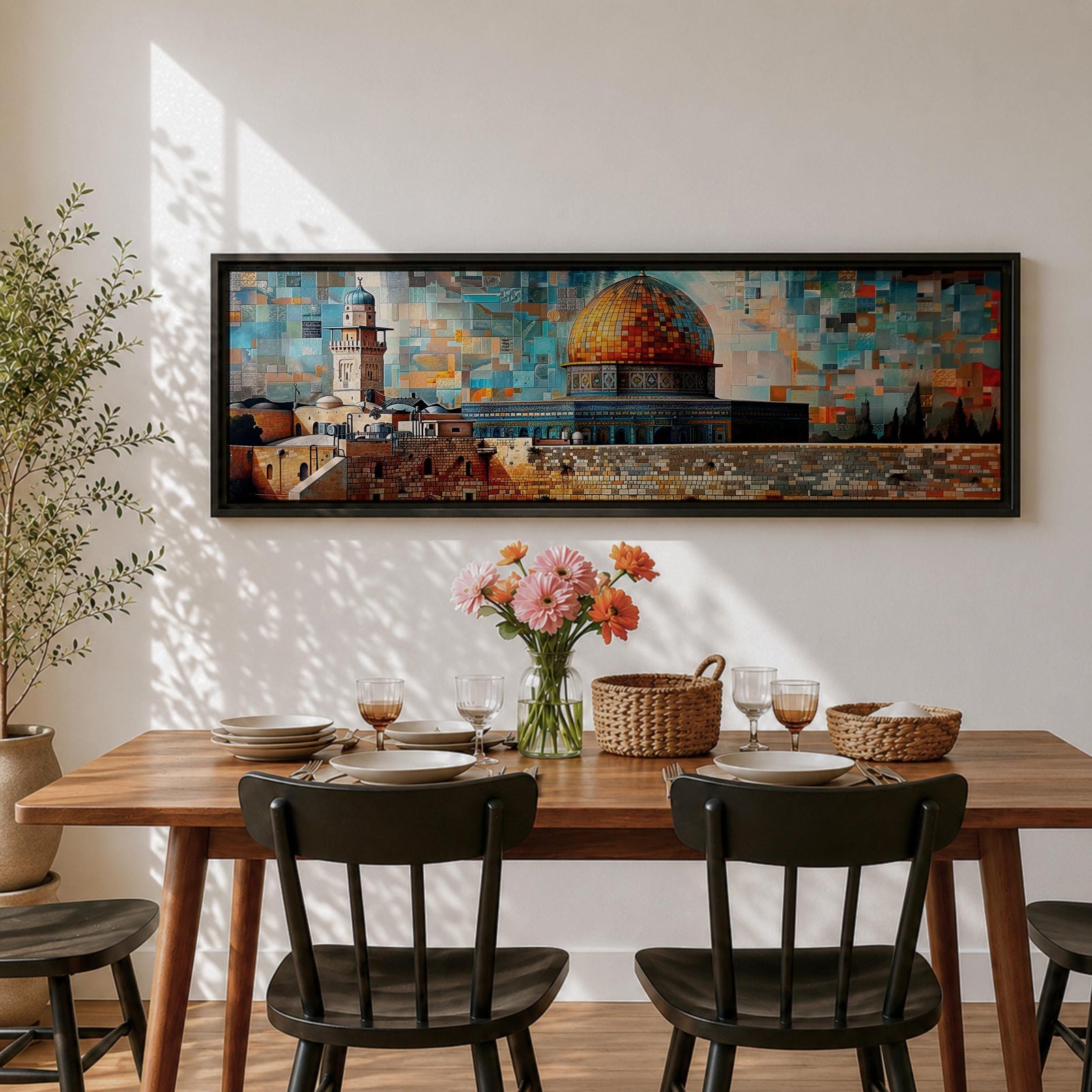 A long panoramic mosaic style artwork depicting the Al Aqsa compound in Jerusalem with the golden Dome of the Rock rising above historic stone walls and surrounding architecture. The scene is built from colorful geometric tiles and textured blocks, creating a vibrant Islamic cityscape across a wide horizontal composition.