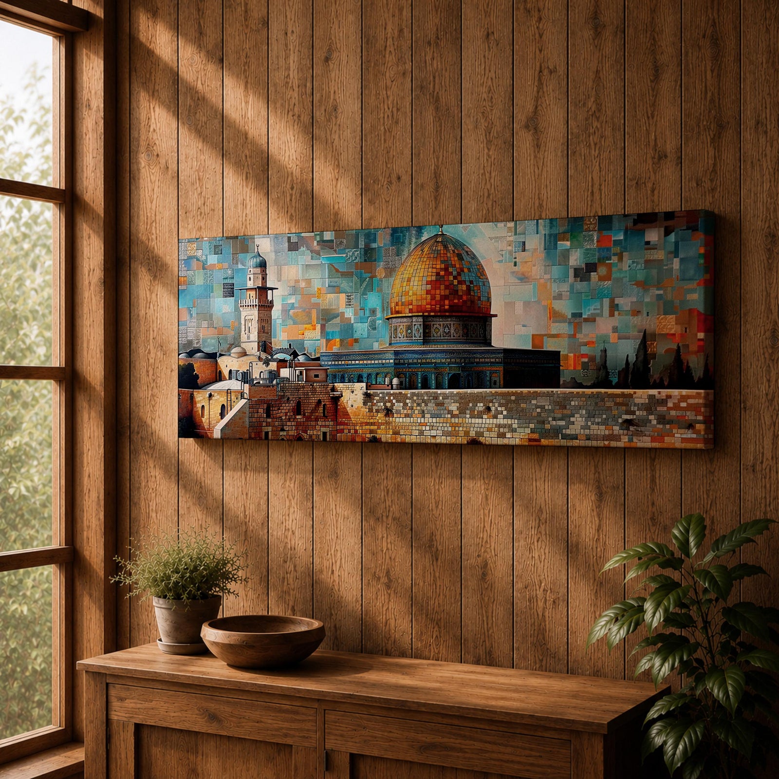 A long panoramic mosaic style artwork depicting the Al Aqsa compound in Jerusalem with the golden Dome of the Rock rising above historic stone walls and surrounding architecture. The scene is built from colorful geometric tiles and textured blocks, creating a vibrant Islamic cityscape across a wide horizontal composition.