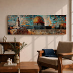 A long panoramic mosaic style artwork depicting the Al Aqsa compound in Jerusalem with the golden Dome of the Rock rising above historic stone walls and surrounding architecture. The scene is built from colorful geometric tiles and textured blocks, creating a vibrant Islamic cityscape across a wide horizontal composition.
