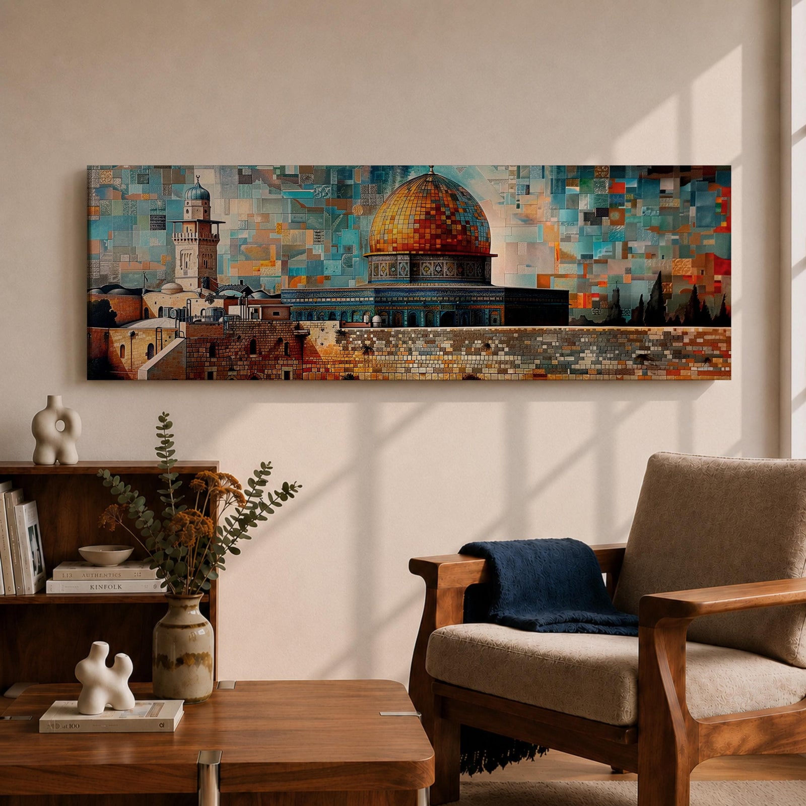 A long panoramic mosaic style artwork depicting the Al Aqsa compound in Jerusalem with the golden Dome of the Rock rising above historic stone walls and surrounding architecture. The scene is built from colorful geometric tiles and textured blocks, creating a vibrant Islamic cityscape across a wide horizontal composition.