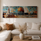 A long panoramic mosaic style artwork depicting the Al Aqsa compound in Jerusalem with the golden Dome of the Rock rising above historic stone walls and surrounding architecture. The scene is built from colorful geometric tiles and textured blocks, creating a vibrant Islamic cityscape across a wide horizontal composition.