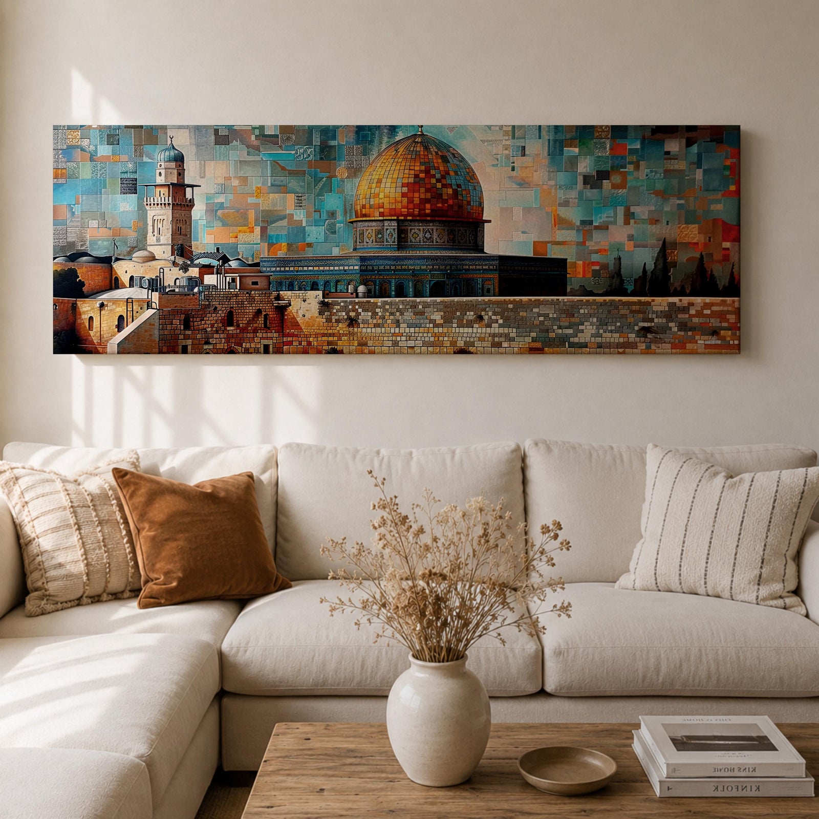 A long panoramic mosaic style artwork depicting the Al Aqsa compound in Jerusalem with the golden Dome of the Rock rising above historic stone walls and surrounding architecture. The scene is built from colorful geometric tiles and textured blocks, creating a vibrant Islamic cityscape across a wide horizontal composition.