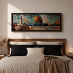 A long panoramic mosaic style artwork depicting the Al Aqsa compound in Jerusalem with the golden Dome of the Rock rising above historic stone walls and surrounding architecture. The scene is built from colorful geometric tiles and textured blocks, creating a vibrant Islamic cityscape across a wide horizontal composition.