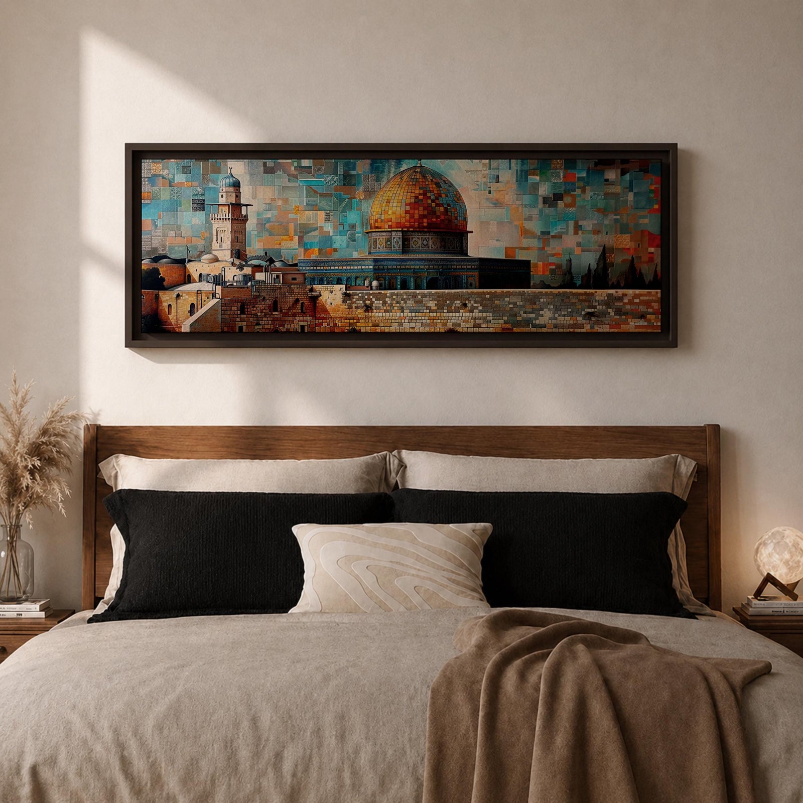 A long panoramic mosaic style artwork depicting the Al Aqsa compound in Jerusalem with the golden Dome of the Rock rising above historic stone walls and surrounding architecture. The scene is built from colorful geometric tiles and textured blocks, creating a vibrant Islamic cityscape across a wide horizontal composition.