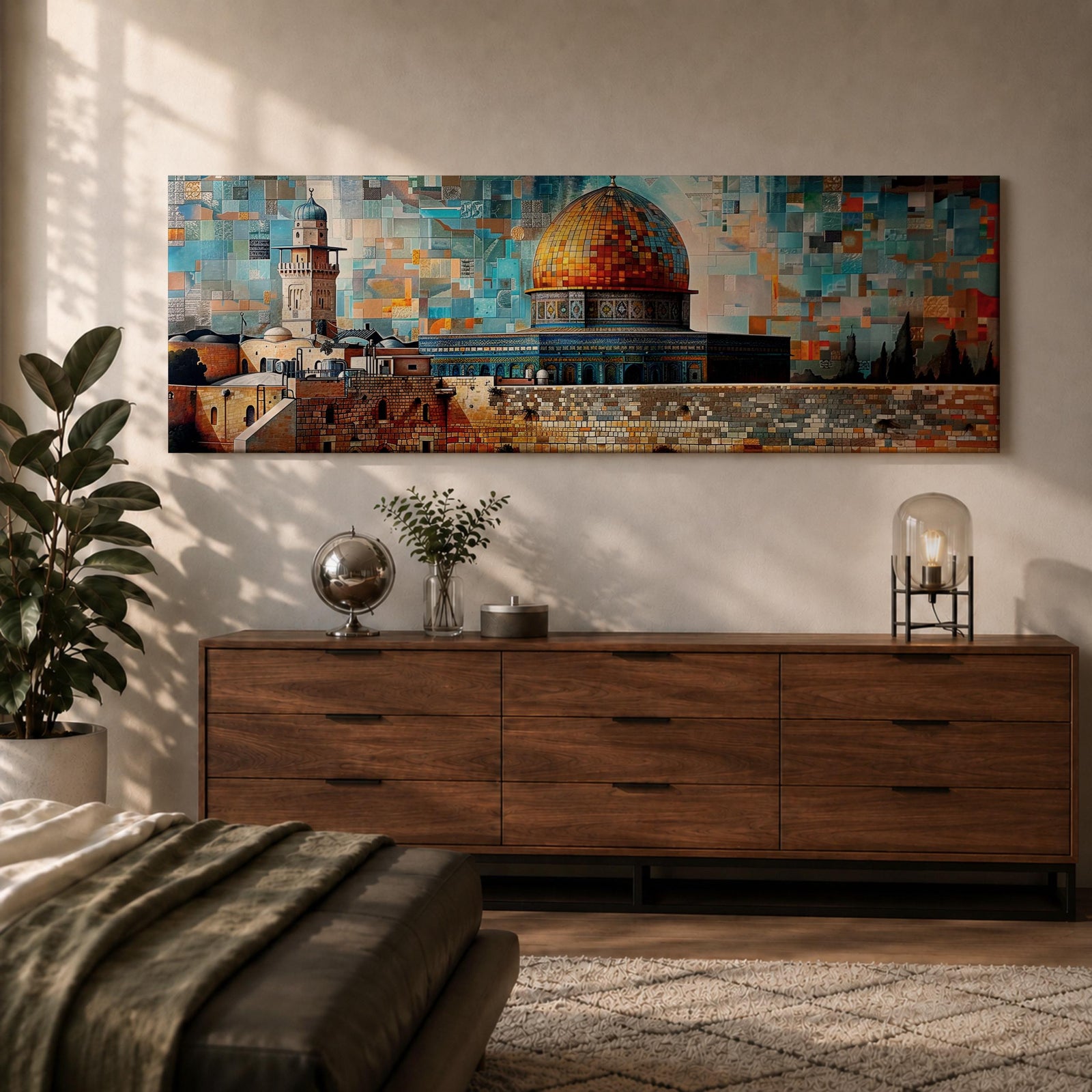 A long panoramic mosaic style artwork depicting the Al Aqsa compound in Jerusalem with the golden Dome of the Rock rising above historic stone walls and surrounding architecture. The scene is built from colorful geometric tiles and textured blocks, creating a vibrant Islamic cityscape across a wide horizontal composition.