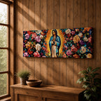 A long panoramic painting of Mary of Guadalupe standing in prayer with hands folded and head bowed, surrounded by radiant golden rays. She wears a blue mantle over a rose colored gown while vibrant roses and colorful flowers fill the background, creating a devotional Catholic Marian image across a wide horizontal composition.