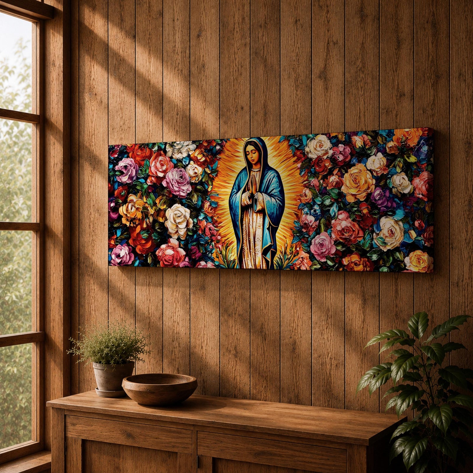 A long panoramic painting of Mary of Guadalupe standing in prayer with hands folded and head bowed, surrounded by radiant golden rays. She wears a blue mantle over a rose colored gown while vibrant roses and colorful flowers fill the background, creating a devotional Catholic Marian image across a wide horizontal composition.