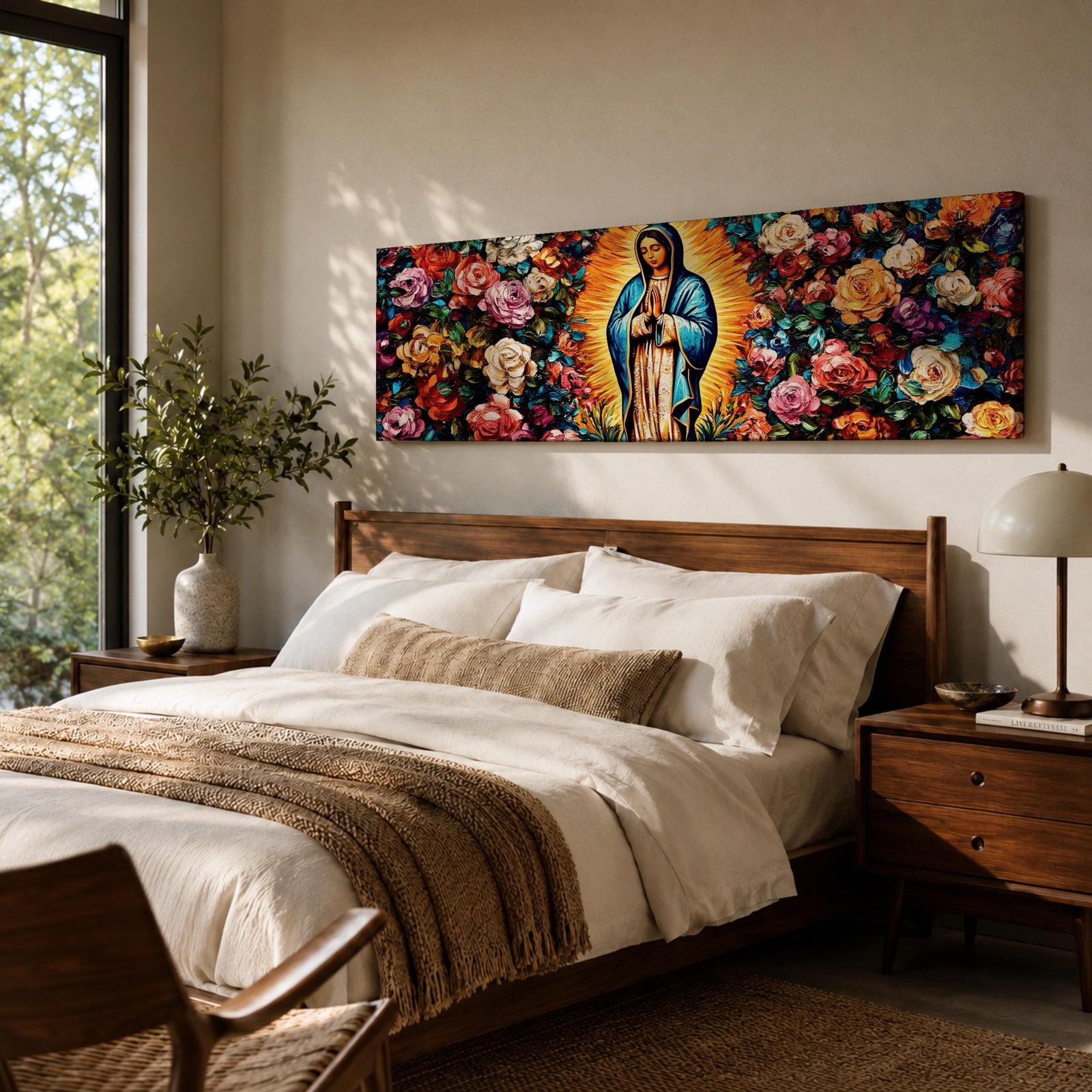 A long panoramic painting of Mary of Guadalupe standing in prayer with hands folded and head bowed, surrounded by radiant golden rays. She wears a blue mantle over a rose colored gown while vibrant roses and colorful flowers fill the background, creating a devotional Catholic Marian image across a wide horizontal composition.