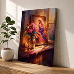 Virgin Mary altar wall art featuring Madonna portrait in ornate frame with flowers and candlelight, framed canvas Christian religious decor, warm glowing scene with floral arrangement and sacred icon, devotional home altar artwork