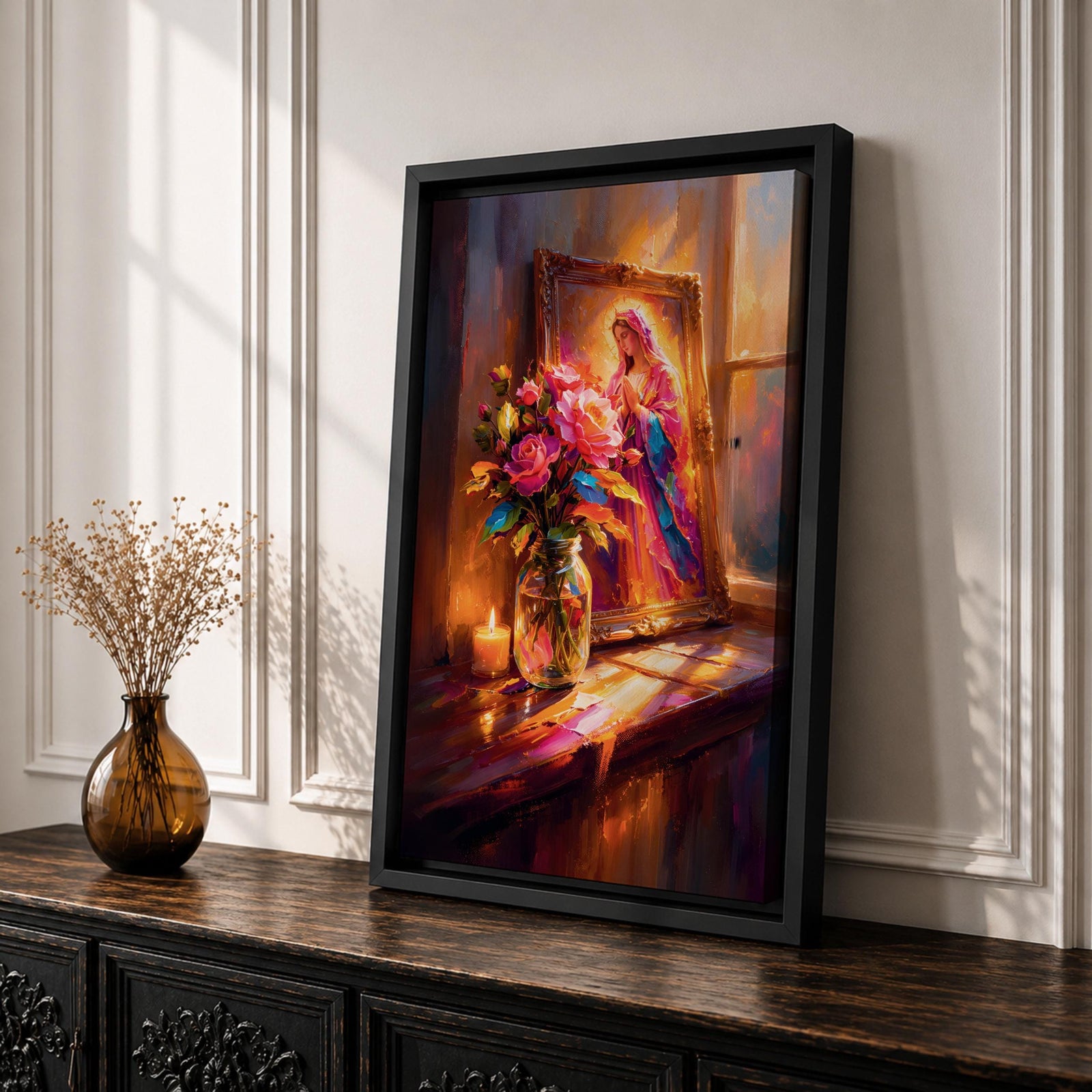 Virgin Mary altar wall art featuring Madonna portrait in ornate frame with flowers and candlelight, framed canvas Christian religious decor, warm glowing scene with floral arrangement and sacred icon, devotional home altar artwork