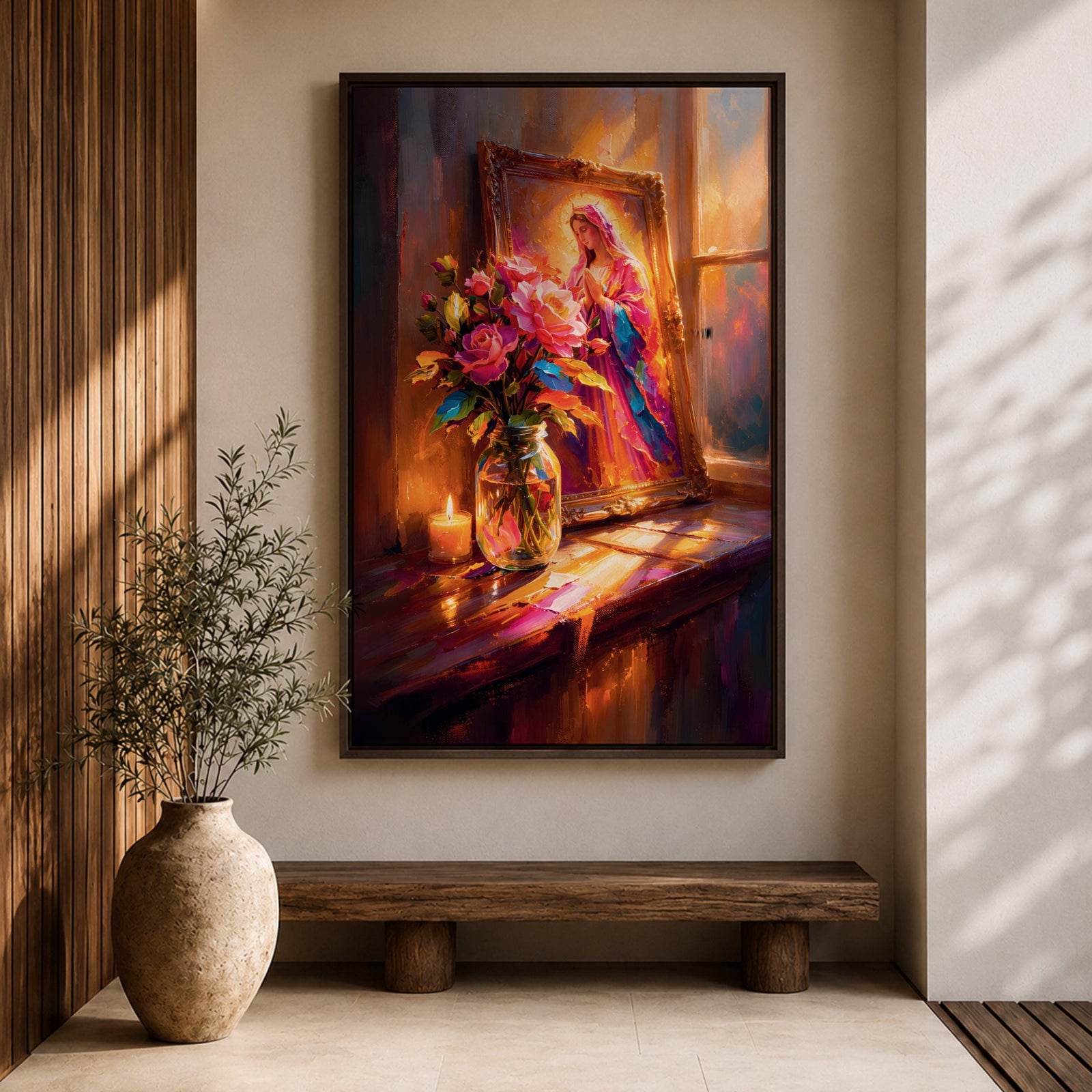 Virgin Mary altar wall art featuring Madonna portrait in ornate frame with flowers and candlelight, framed canvas Christian religious decor, warm glowing scene with floral arrangement and sacred icon, devotional home altar artwork
