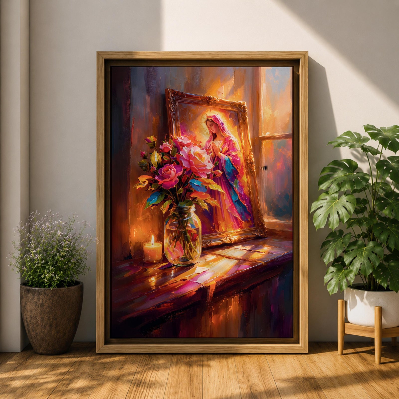Virgin Mary altar wall art featuring Madonna portrait in ornate frame with flowers and candlelight, framed canvas Christian religious decor, warm glowing scene with floral arrangement and sacred icon, devotional home altar artwork