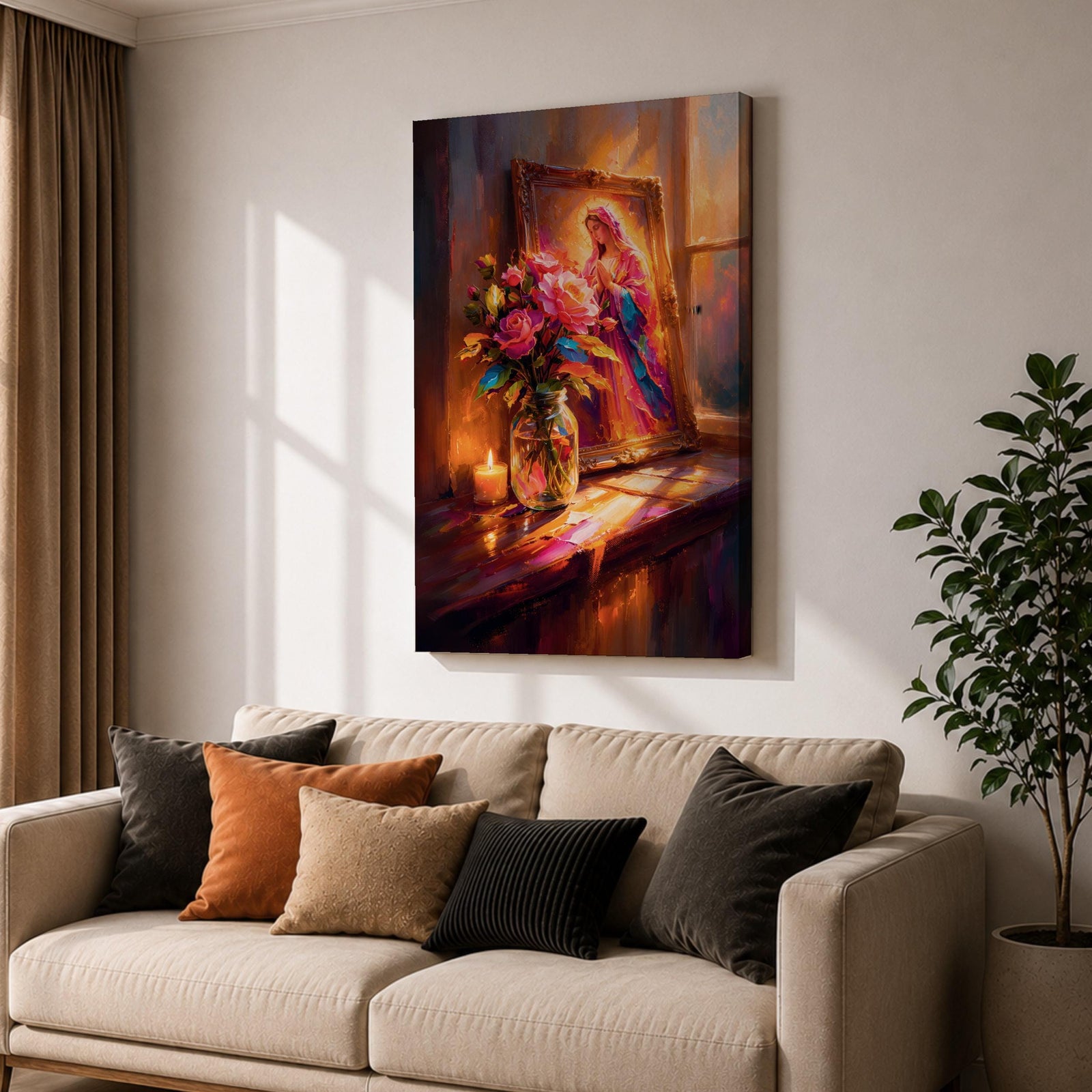 Virgin Mary altar wall art featuring Madonna portrait in ornate frame with flowers and candlelight, framed canvas Christian religious decor, warm glowing scene with floral arrangement and sacred icon, devotional home altar artwork