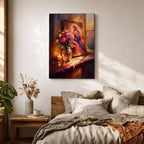 Virgin Mary altar wall art featuring Madonna portrait in ornate frame with flowers and candlelight, framed canvas Christian religious decor, warm glowing scene with floral arrangement and sacred icon, devotional home altar artwork