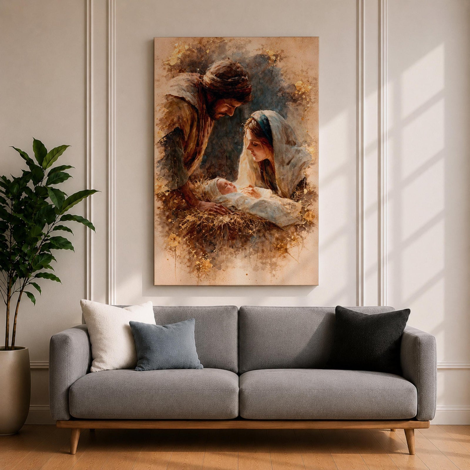 A watercolor style painting depicting the Nativity Scene showing Joseph and Mary gazing lovingly at baby Jesus lying in a manger, surrounded by soft earthy tones and delicate brushwork that highlights the tender moment of the birth of Jesus.