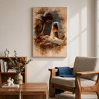 A watercolor style painting depicting the Nativity Scene showing Joseph and Mary gazing lovingly at baby Jesus lying in a manger, surrounded by soft earthy tones and delicate brushwork that highlights the tender moment of the birth of Jesus.