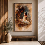 A watercolor style painting depicting the Nativity Scene showing Joseph and Mary gazing lovingly at baby Jesus lying in a manger, surrounded by soft earthy tones and delicate brushwork that highlights the tender moment of the birth of Jesus.