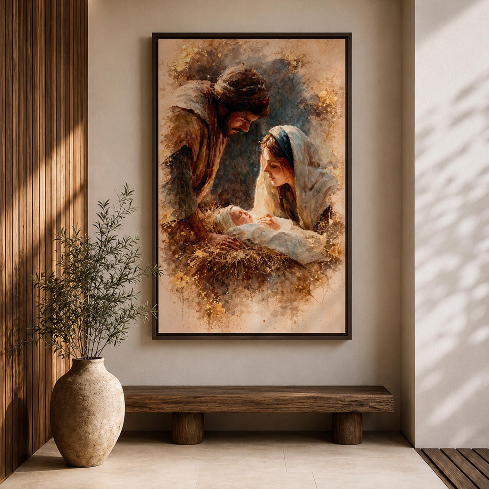 A watercolor style painting depicting the Nativity Scene showing Joseph and Mary gazing lovingly at baby Jesus lying in a manger, surrounded by soft earthy tones and delicate brushwork that highlights the tender moment of the birth of Jesus.