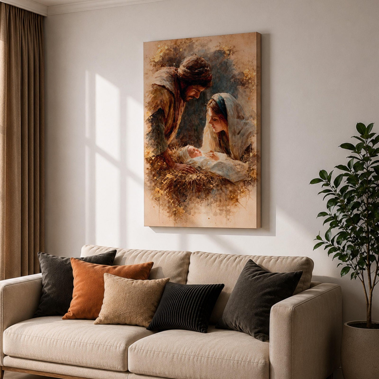 A watercolor style painting depicting the Nativity Scene showing Joseph and Mary gazing lovingly at baby Jesus lying in a manger, surrounded by soft earthy tones and delicate brushwork that highlights the tender moment of the birth of Jesus.