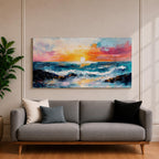 A panoramic seascape painting of an ocean sunset with glowing light reflecting across rolling waves, a wide horizon stretching beneath a warm sky, and soft cloud formations rendered in textured brushstrokes that capture motion, depth, and the calm rhythm of a beach landscape