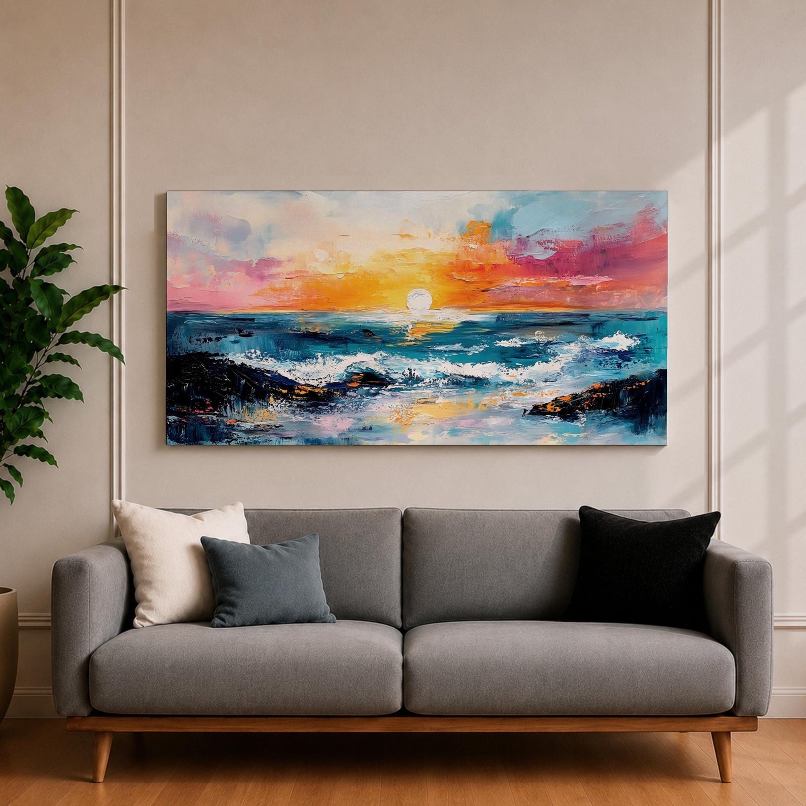 A panoramic seascape painting of an ocean sunset with glowing light reflecting across rolling waves, a wide horizon stretching beneath a warm sky, and soft cloud formations rendered in textured brushstrokes that capture motion, depth, and the calm rhythm of a beach landscape