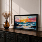 A panoramic seascape painting of an ocean sunset with glowing light reflecting across rolling waves, a wide horizon stretching beneath a warm sky, and soft cloud formations rendered in textured brushstrokes that capture motion, depth, and the calm rhythm of a beach landscape