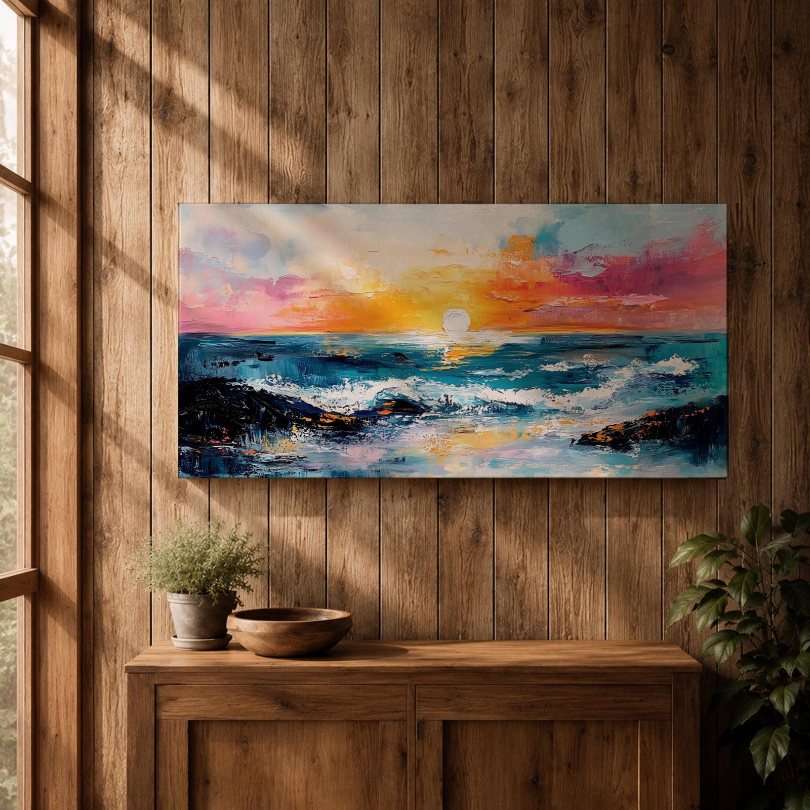 A panoramic seascape painting of an ocean sunset with glowing light reflecting across rolling waves, a wide horizon stretching beneath a warm sky, and soft cloud formations rendered in textured brushstrokes that capture motion, depth, and the calm rhythm of a beach landscape