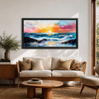 A panoramic seascape painting of an ocean sunset with glowing light reflecting across rolling waves, a wide horizon stretching beneath a warm sky, and soft cloud formations rendered in textured brushstrokes that capture motion, depth, and the calm rhythm of a beach landscape