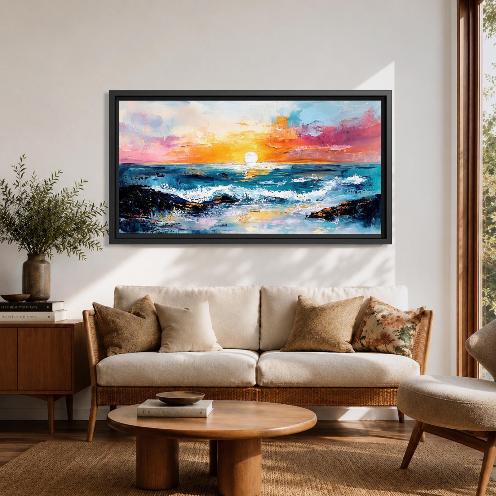 A panoramic seascape painting of an ocean sunset with glowing light reflecting across rolling waves, a wide horizon stretching beneath a warm sky, and soft cloud formations rendered in textured brushstrokes that capture motion, depth, and the calm rhythm of a beach landscape