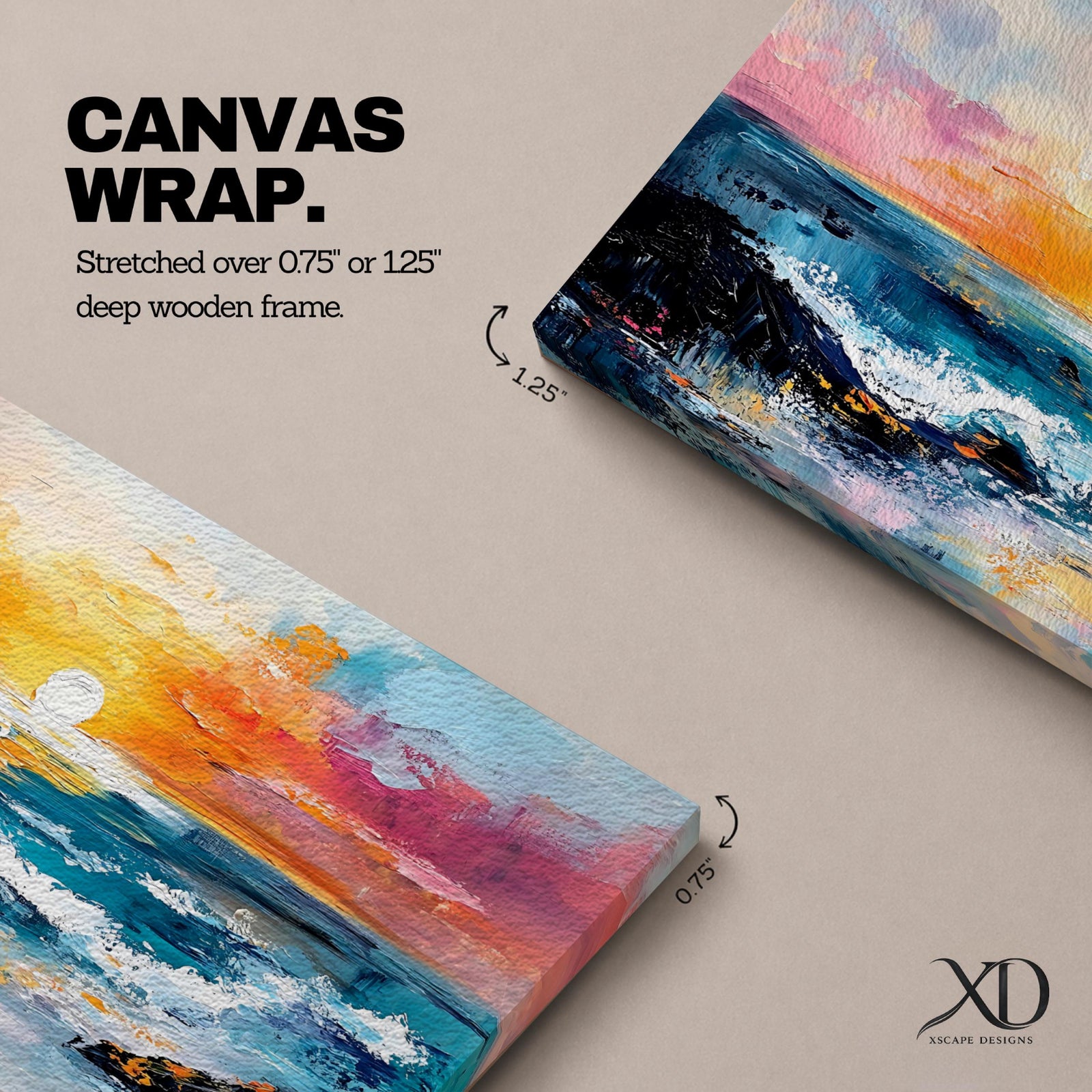 A panoramic seascape painting of an ocean sunset with glowing light reflecting across rolling waves, a wide horizon stretching beneath a warm sky, and soft cloud formations rendered in textured brushstrokes that capture motion, depth, and the calm rhythm of a beach landscape