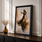 An abstract painting of Lady Justice portrayed as a blindfolded goddess holding balanced scales and a sword, her figure formed with sweeping black and gold brushstrokes that create a sense of motion, flowing across a soft neutral background with layered textures emphasizing contrast, symbolism, and graceful movement.