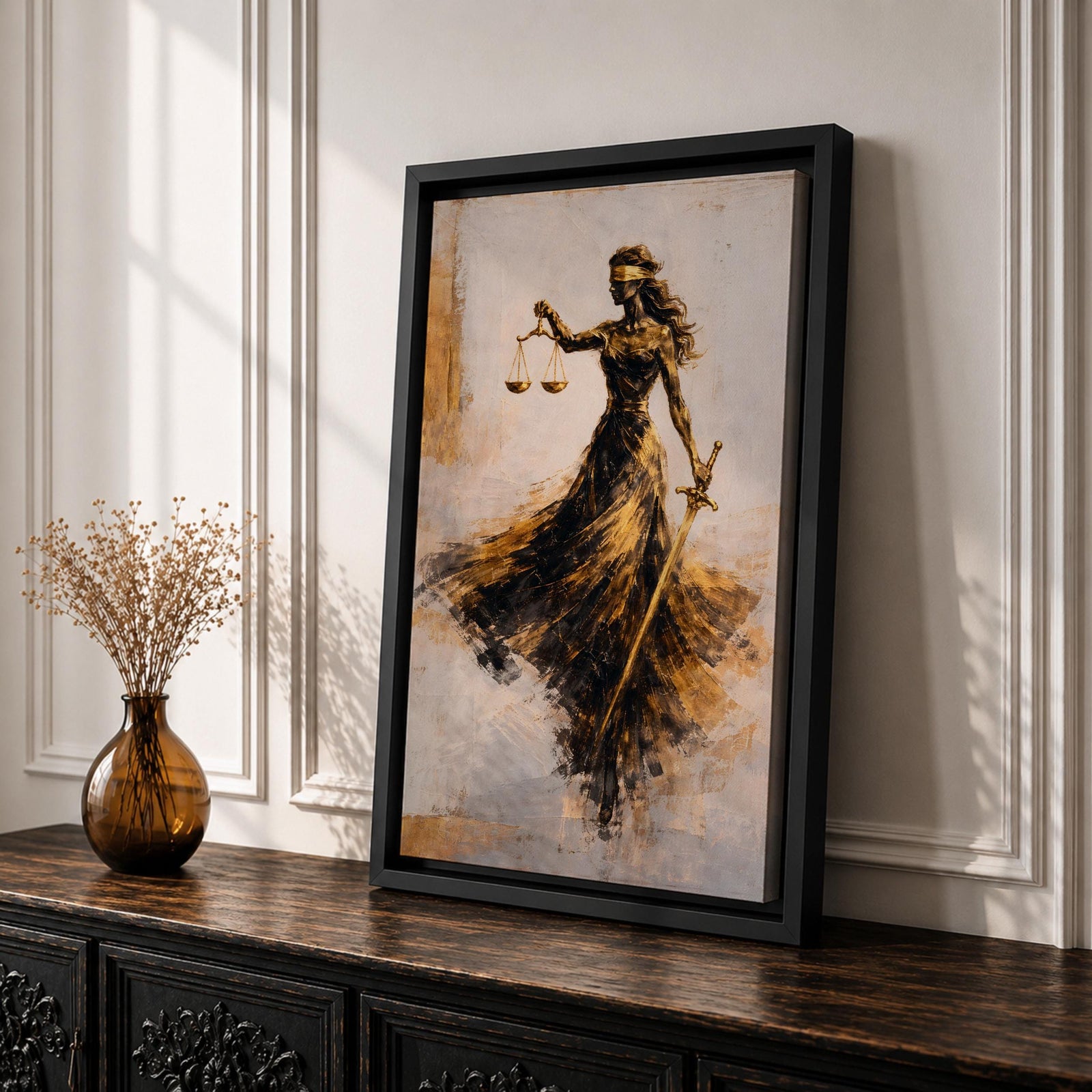 An abstract painting of Lady Justice portrayed as a blindfolded goddess holding balanced scales and a sword, her figure formed with sweeping black and gold brushstrokes that create a sense of motion, flowing across a soft neutral background with layered textures emphasizing contrast, symbolism, and graceful movement.