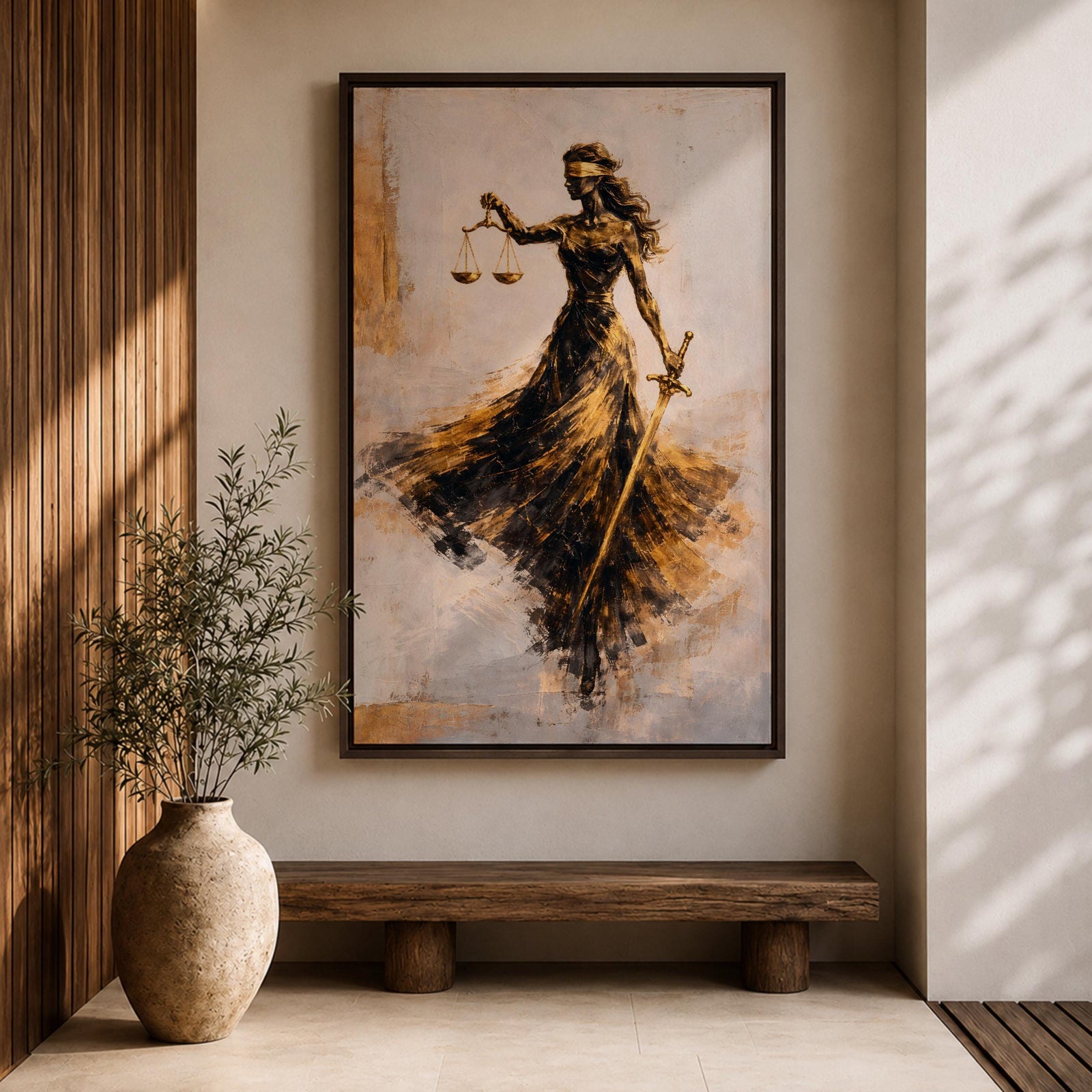 An abstract painting of Lady Justice portrayed as a blindfolded goddess holding balanced scales and a sword, her figure formed with sweeping black and gold brushstrokes that create a sense of motion, flowing across a soft neutral background with layered textures emphasizing contrast, symbolism, and graceful movement.