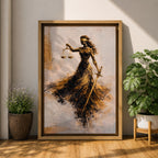 An abstract painting of Lady Justice portrayed as a blindfolded goddess holding balanced scales and a sword, her figure formed with sweeping black and gold brushstrokes that create a sense of motion, flowing across a soft neutral background with layered textures emphasizing contrast, symbolism, and graceful movement.