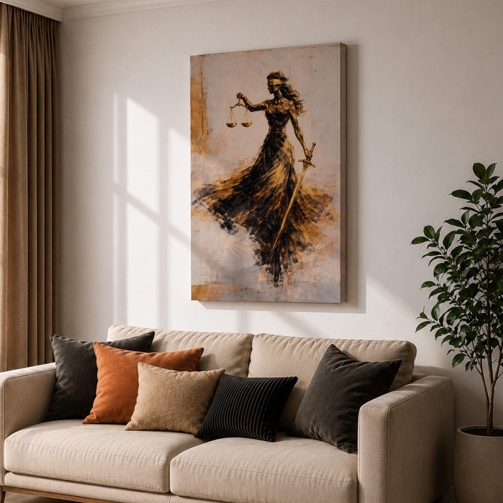 An abstract painting of Lady Justice portrayed as a blindfolded goddess holding balanced scales and a sword, her figure formed with sweeping black and gold brushstrokes that create a sense of motion, flowing across a soft neutral background with layered textures emphasizing contrast, symbolism, and graceful movement.