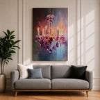 A vibrant impasto painting of a crystal chandelier with glowing candle-style bulbs, rendered in thick textured brushstrokes that emphasize the sparkling purple crystals and warm light against a blurred, abstract background.
