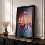 A vibrant impasto painting of a crystal chandelier with glowing candle-style bulbs, rendered in thick textured brushstrokes that emphasize the sparkling purple crystals and warm light against a blurred, abstract background.