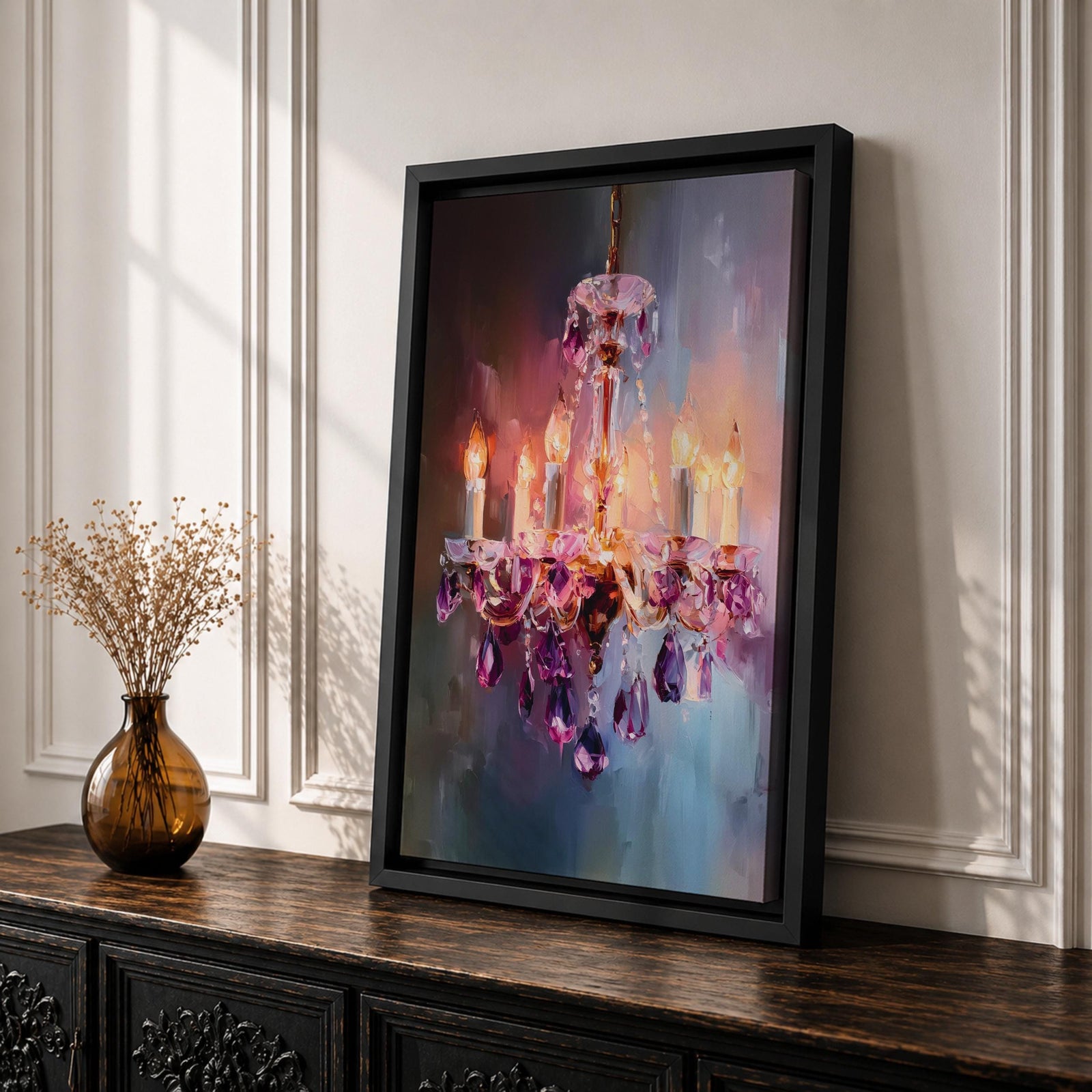 A vibrant impasto painting of a crystal chandelier with glowing candle-style bulbs, rendered in thick textured brushstrokes that emphasize the sparkling purple crystals and warm light against a blurred, abstract background.