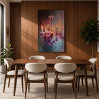 A vibrant impasto painting of a crystal chandelier with glowing candle-style bulbs, rendered in thick textured brushstrokes that emphasize the sparkling purple crystals and warm light against a blurred, abstract background.