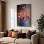 A vibrant impasto painting of a crystal chandelier with glowing candle-style bulbs, rendered in thick textured brushstrokes that emphasize the sparkling purple crystals and warm light against a blurred, abstract background.