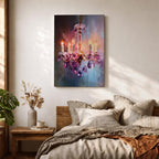 A vibrant impasto painting of a crystal chandelier with glowing candle-style bulbs, rendered in thick textured brushstrokes that emphasize the sparkling purple crystals and warm light against a blurred, abstract background.