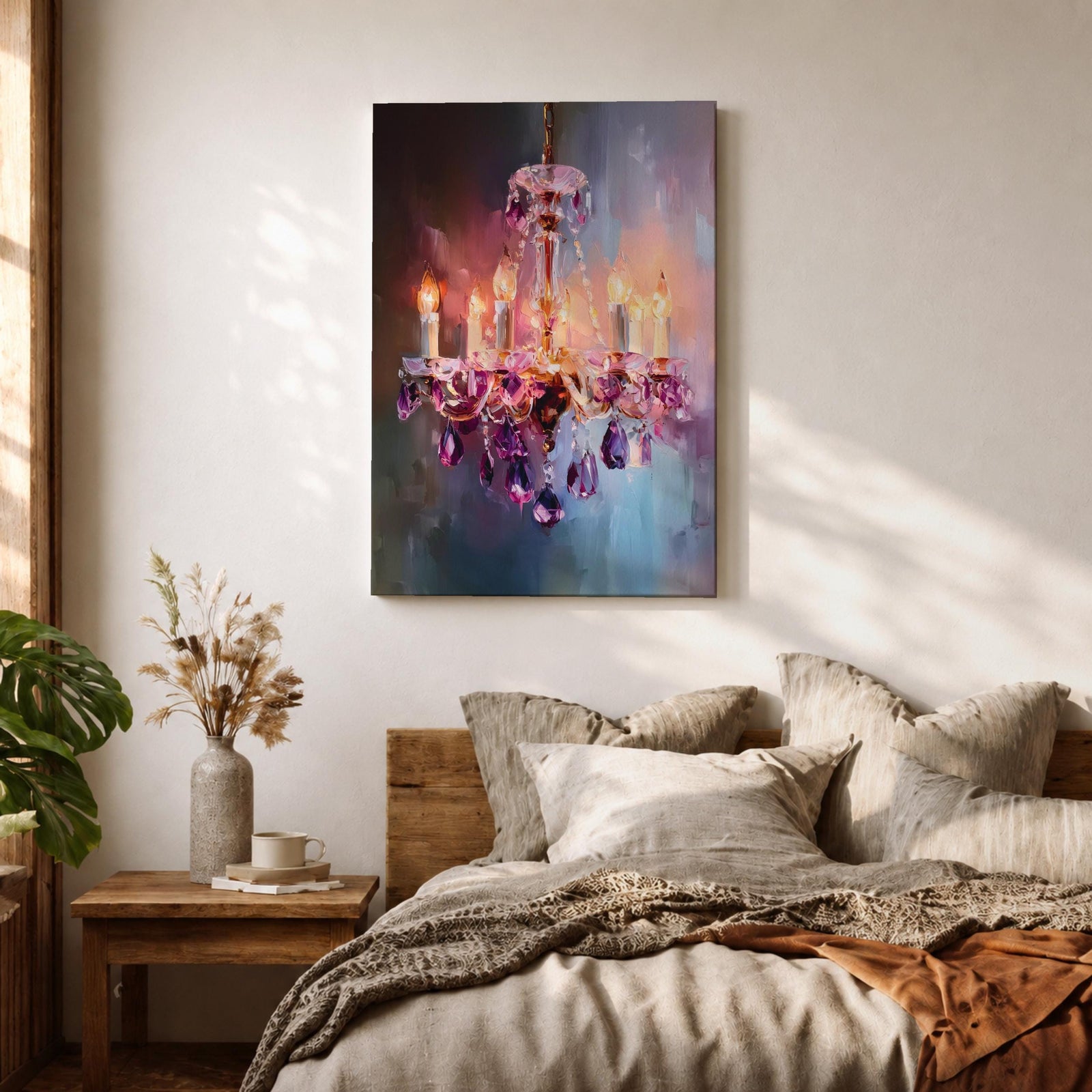 A vibrant impasto painting of a crystal chandelier with glowing candle-style bulbs, rendered in thick textured brushstrokes that emphasize the sparkling purple crystals and warm light against a blurred, abstract background.