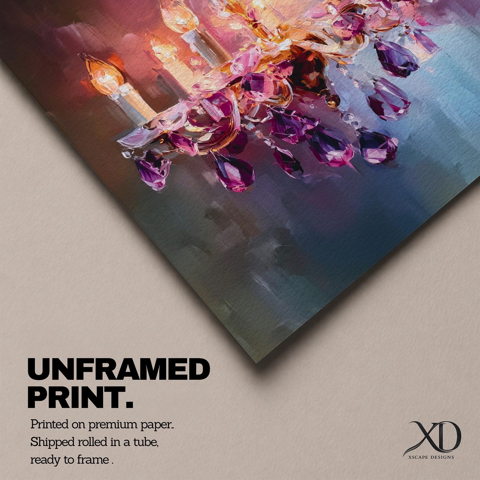 A vibrant impasto painting of a crystal chandelier with glowing candle-style bulbs, rendered in thick textured brushstrokes that emphasize the sparkling purple crystals and warm light against a blurred, abstract background.